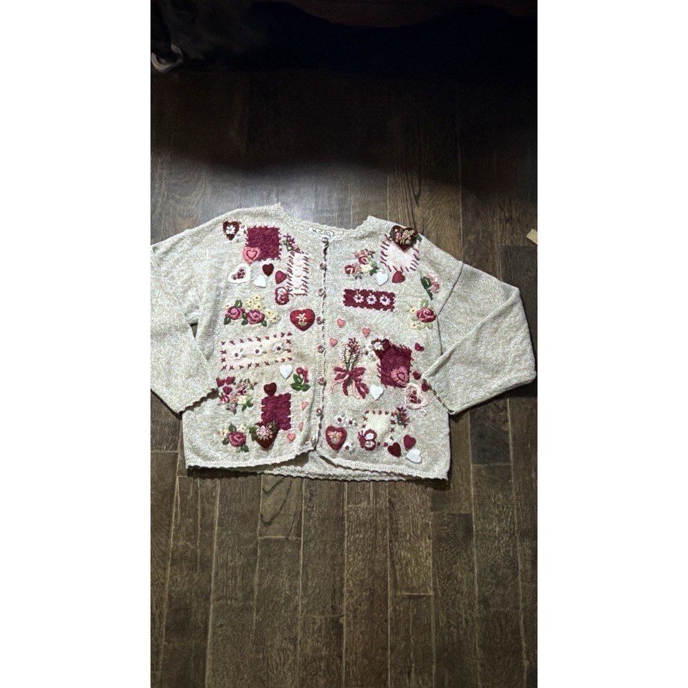 Vintage Heirloom Collectibles Patchwork Cardigan L Cottagecore Valentine Hearts